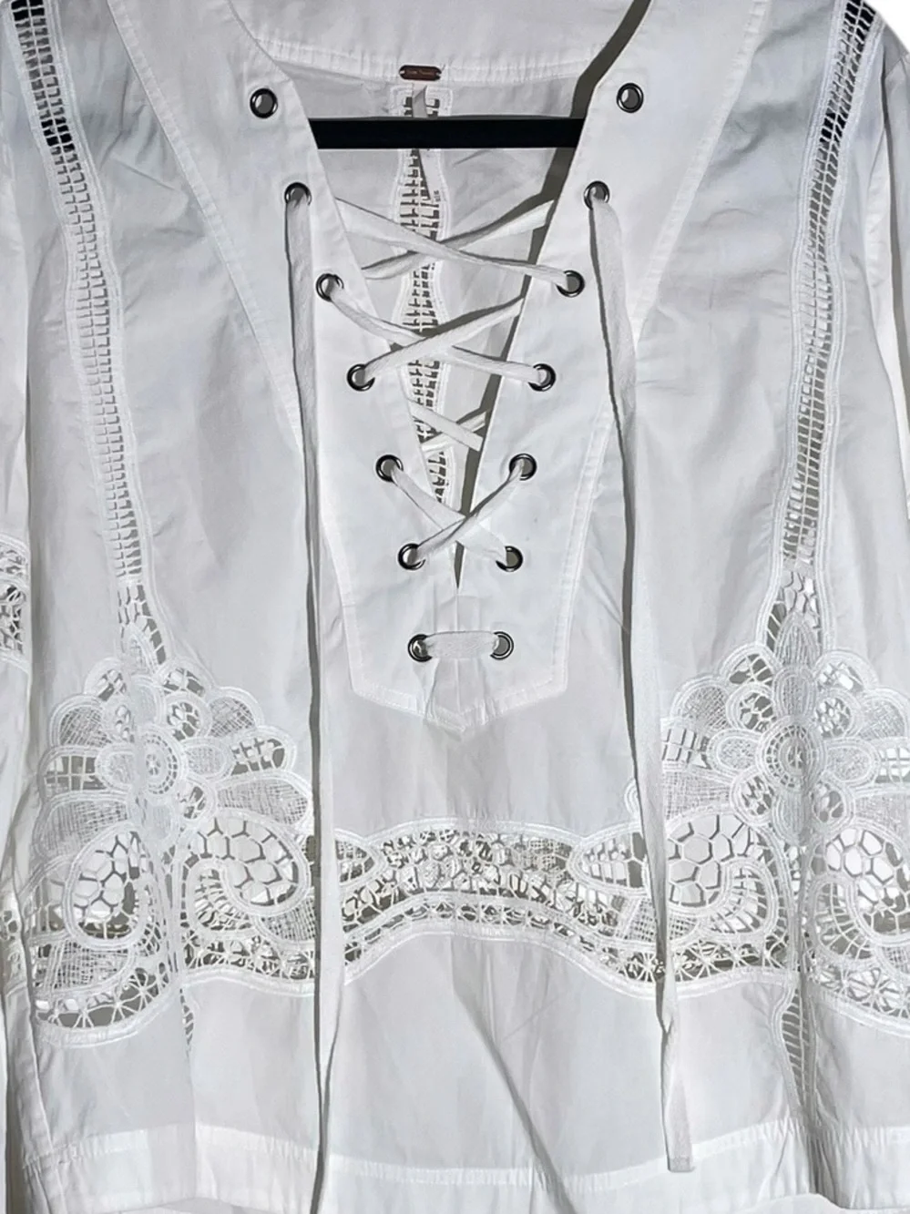 FREE PEOPLE Bittersweet Lace Up Poplin Cotton Top Blouse Crochet Lace Sz M Boho